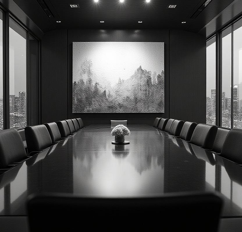 Large abstract canvas in a corporate boardroom