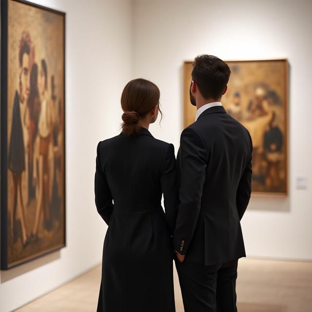 Discerning clients discussing preservation at an art gallery